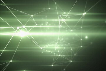 Cluster of glowing nodes and lines is floating in deep green digital grid, highlighting light beams