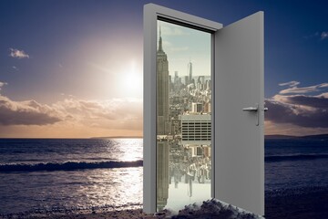 Naklejka premium Digital image of open door with cityscape on sea