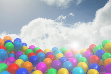 Colorful helium balloons are floating in flat design sunlit sky with white clouds