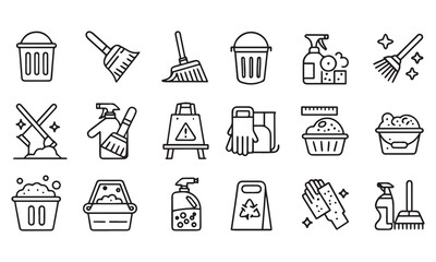 washing, vacuum cleaner, detergent, cleaning tools, equipment, household appliances and more. Editable stroke. Vector illustration.
