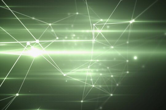 Cluster of glowing nodes and lines is floating in deep green digital grid, highlighting light beams - Powered by Adobe