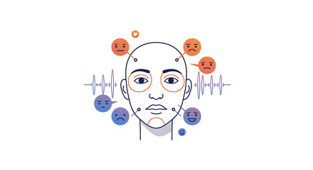 Flat vector illustration of a human face with abstract emotion wave icons, minimal style, blue and orange on white background, representing AI-based emotion detection.