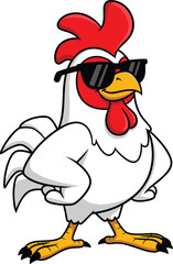 Cool cartoon rooster with sunglasses, confident pose, stylish chicken character, farm animal mascot, funny vector illustration