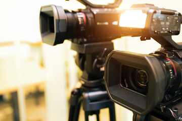 Video camera for make movie or journalist interview broadcasting reporter news or press conference speaker or public speaking or report record and content creator live media.