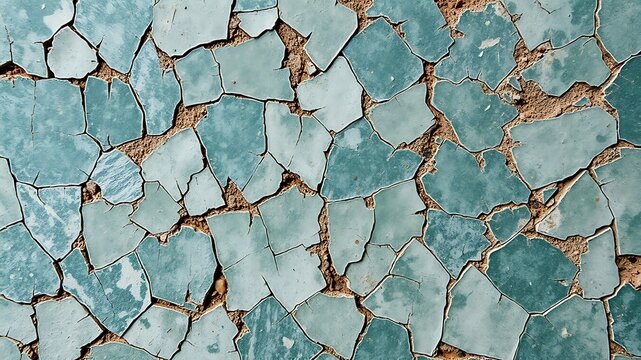 Abstract texture featuring cracked teal tiles with visible concrete background