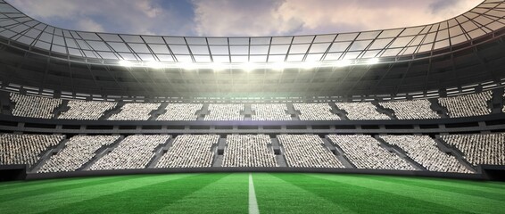 Green grass pitch is glowing under curved roof in flat-design with white center line, floodlights