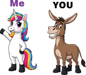 Funny cartoon unicorn and donkey, comparison meme image, rainbow hair unicorn, smiling donkey, character contrast, vector illustration