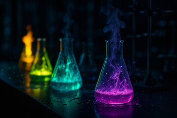 AI generated glowing chemical flasks with pink blue green and yellow liquid emitting neon vapor in a dark sci fi lab with artistic contrast lighting