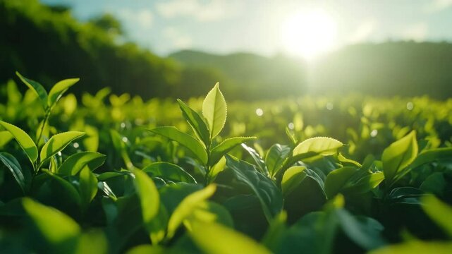 Green tea leaf close up with sunlight shining through vibrant green plant in natural outdoor agriculture field creating fresh atmosphere full of nature and vitality