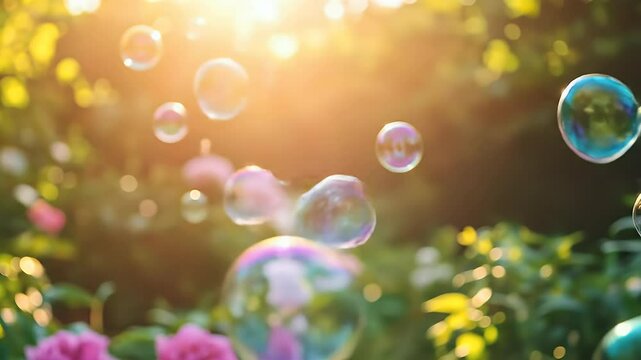 Whimsical Bubbles in Sunlight: Captured in a moment of play, floating soap bubbles shimmer and dance against a backdrop of sun-drenched greenery and dappled light.