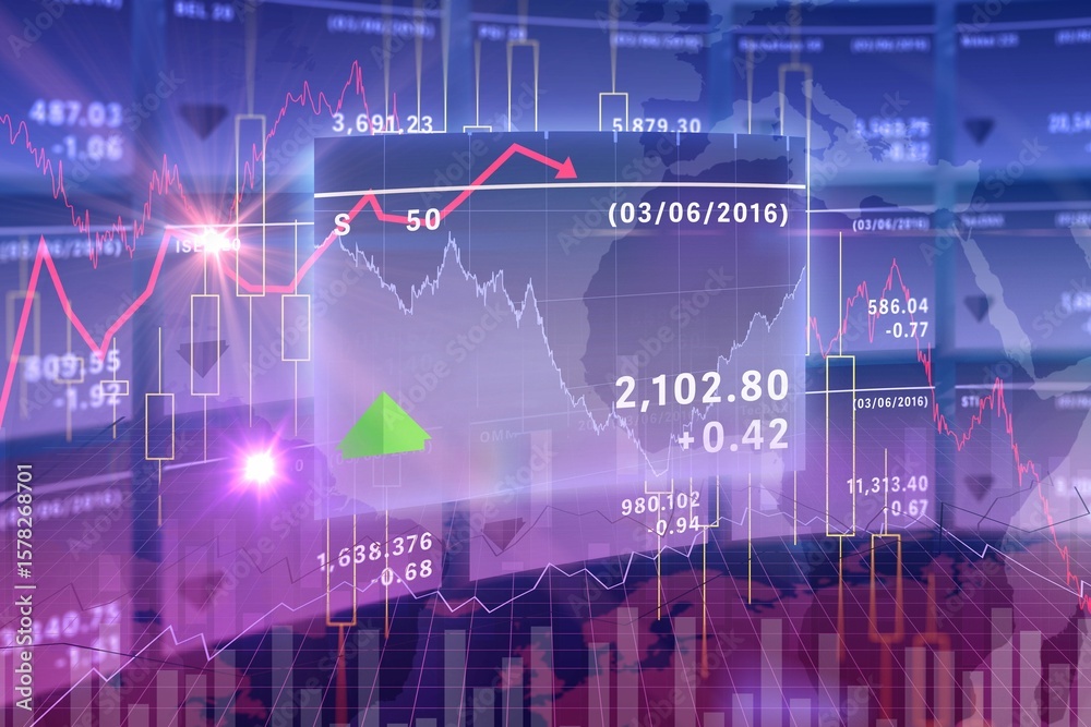Poster flat-design stock dashboard is showing transparent panel with red line graph and candlestick bars