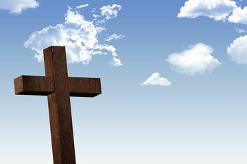 Wooden cross is standing in flat illustration with textured beams against blue sky with clouds