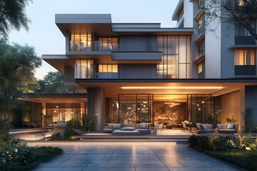 Obraz premium Modern interior design of an apartment living room with a green sofa and armchairs against a white stucco wall, offering a fresh and airy space. Home interior 3D rendering, Generative AI