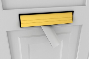 Naklejka premium Flat design door is showcasing mail slot with gold flap lifting open and white envelope protruding