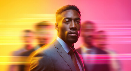 Stylish African male business leader in sharp suit surrounded by team in motion with vibrant yellow orange and pink glow