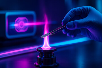 AI generated realistic lab scene shows a gloved hand holding a test material over a vibrant pink and purple flame under precise controlled scientific condition