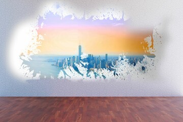 City skyline paint-splash mural is expanding across textured wall in gallery with wooden floor
