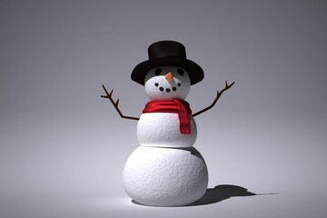 3D snowman is standing on gray gradient backdrop, featuring black top hat, red scarf, carrot nose