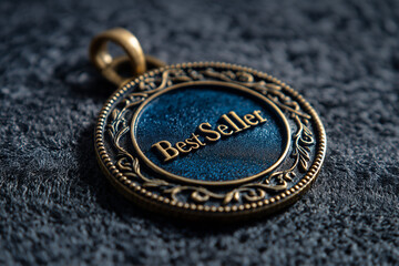 Vintage Best Seller Medal. Close-up of a vintage styled 'Best Seller' medal on a textured surface, ideal for awards or recognition designs.