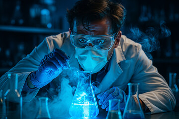 AI generated scientist in safety gear stares at bright chemical reaction with shock as neon blue vapor rises in futuristic lab scene with dramatic lighting and intense atmosphere