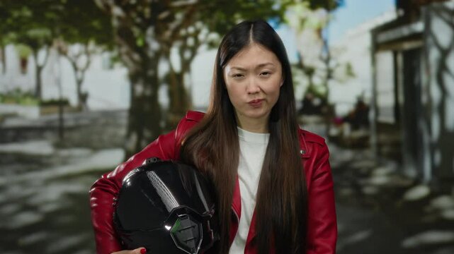 Woman wearing red jacket holding helmet stands on urban city street with trees visible in background capturing an outdoor ambiance.