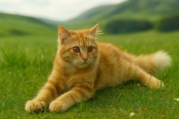 An orange-furred cat with golden-brown eyes is lying on green grass, with a blurred background of rolling hills.