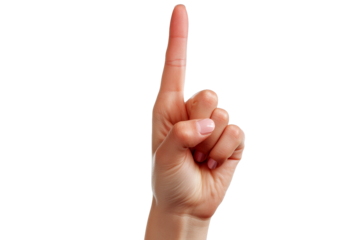 A female hand with a painted fingernail points one finger up, isolated on white isolated on transparent background