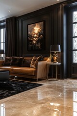 Elegant classic interior design of a living room with a black wall and marble-tiled floor, offering luxury and timeless appeal, Generative AI