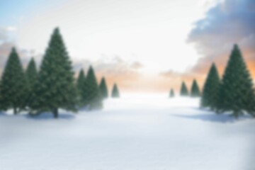 Flat design winter landscape is unfolding under pastel sunrise, featuring evergreen pine trees