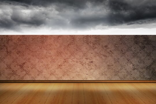Fototapeta Storm clouds hovering above textured plaster wall over polished hardwood floor in flat design