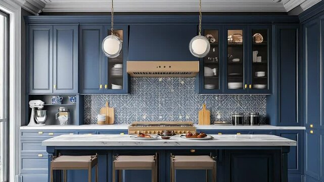 Modern blue kitchen boasting marble countertops and elegant pendant lights