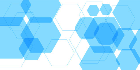 Abstract blue geometric hexagon shapes on white background with space for your text. Futuristic technology and science concept. Modern geometric overlay hexagon wide banner design