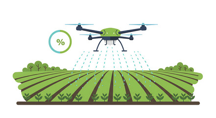 Flat vector illustration of a drone spraying crops in a field with data icons around, minimal style, green and blue on white background, representing precision agriculture.