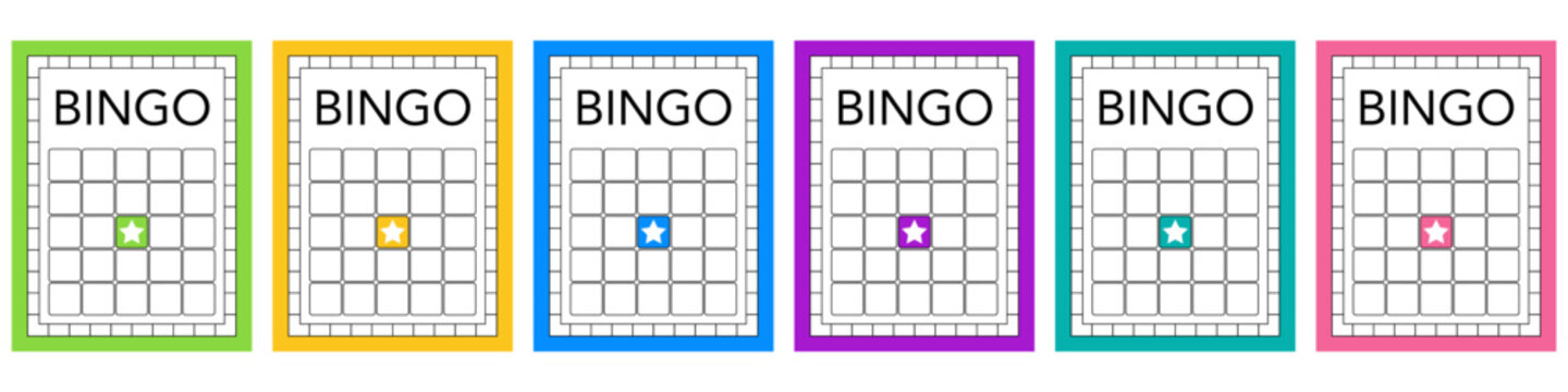 Blank bingo templates without printed digits. Clean keno and lotto ticket designs for casino use. Empty gambling sheets for lucky games, vector party printables and promotional illustrations.