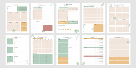 Bullet Journal Planner Set US Letter 8.5x11 in. Printable Daily Weekly Monthly Pages with Mental Health Tracker Checklist and Goals. Cute Vector Layout for Personal Schedule and Organizer