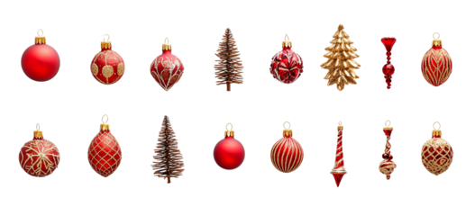 A collection of red and gold christmas ornaments and trees isolated on white isolated on transparent background