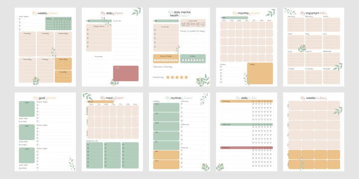Bullet Journal Planner Set US Letter 8.5x11 in. Printable Daily Weekly Monthly Pages with Mental Health Tracker Checklist and Goals. Cute Vector Layout for Personal Schedule and Organizer