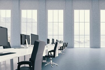 Empty open-plan office flat design illustration showing white desks, black chairs and screens
