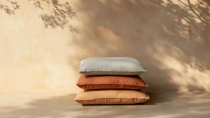 Soft pillow stack with beige cushions, warm sunlight and shadow creating cozy home decor atmosphere, natural fabric textures enhancing calm and peaceful living space ambiance - Powered by Adobe