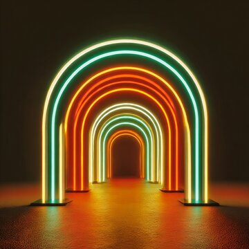 glowing neon archways representing gates of learning and breakthrough logic