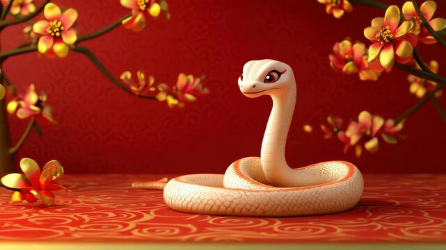 Cute cartoon snake coiled red surface with golden floral patterns and branches with yellow and orange flowers surrounded by red eyes creating warm festive atmosphere and cute white snake coiled red
