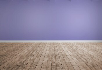 Empty room is being shown in flat design, with purple wall and pale oak floorboards
