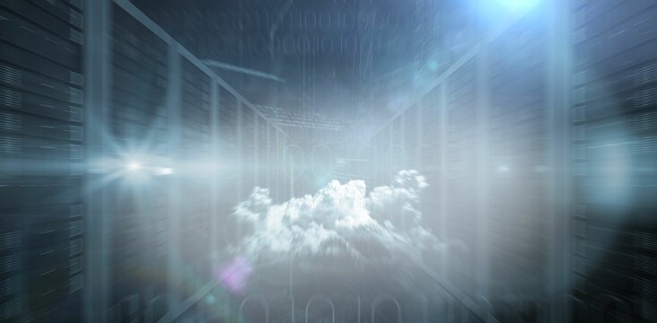 Holographic cloud is floating inside 3D render data center corridor with server racks, binary code