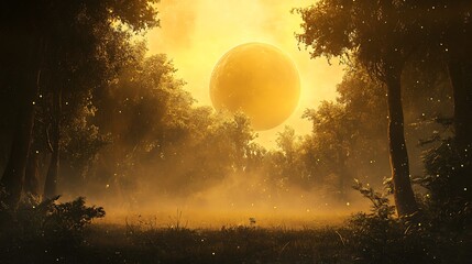Ethereal forest scene with golden sun and misty atmosphere