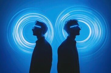 Panning silhouette photo of two men with soft neon light circles behind them