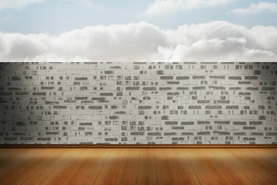Fototapeta Flat design showing honey wood floor with white-painted brick wall under cloudy sky, copy space