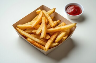 Perfectly crisped fries in a paper tray on a white tabletop