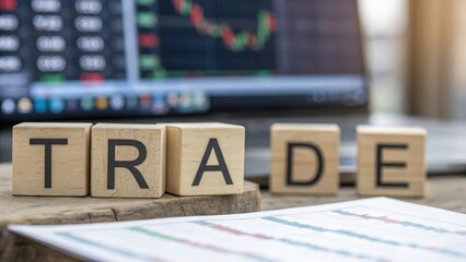 Wooden blocks reading "TRADE" placed on surface with blurred digital market data
