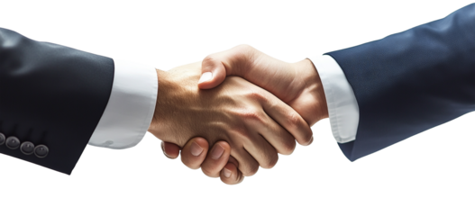 Two businessmen shake hands firmly, sealing a deal in a professional setting isolated on transparent background