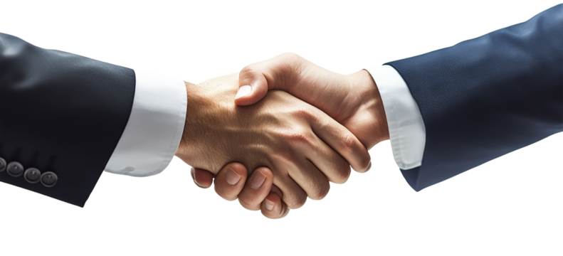 Two businessmen shake hands firmly, sealing a deal in a professional setting isolated on transparent background - Powered by Adobe